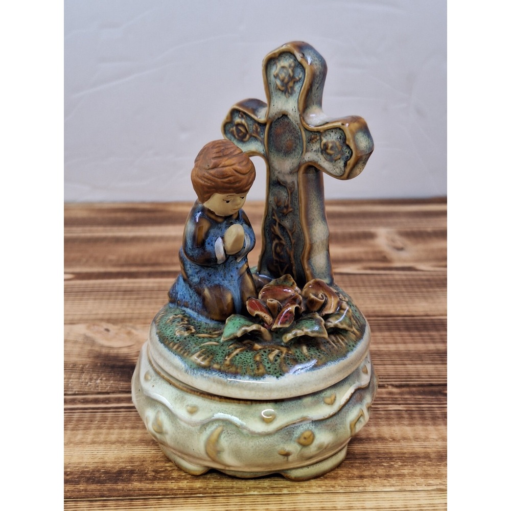 Ceramic Trinket Box With Praying‎ Child and Cross